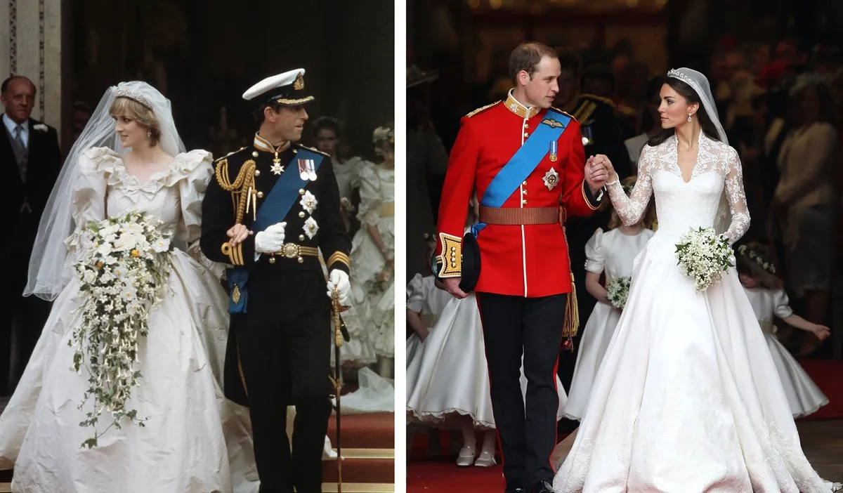 Composite image a comparison has been made between the Royal Wedding cathedral departure images of then-Prince Charles and Princess Diana's wedding, and that of Prince William and Kate Middleton's