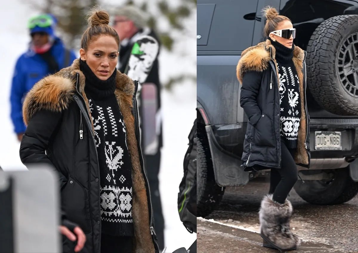 Wearing a black and white sweater, Jennifer Lopez walks along the slopes in Aspen