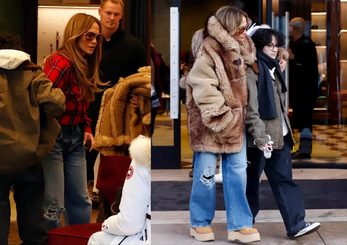 Wearing a plaid shirt and fur coat, Jennifer Lopez shops with her daughter in Aspen