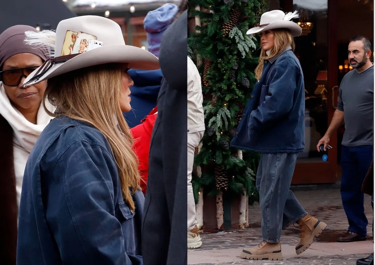 Wearing a navy jacket, denim, and a Western hat, Jennifer Lopez shops on December 29, 2024 in Aspen, Colorado