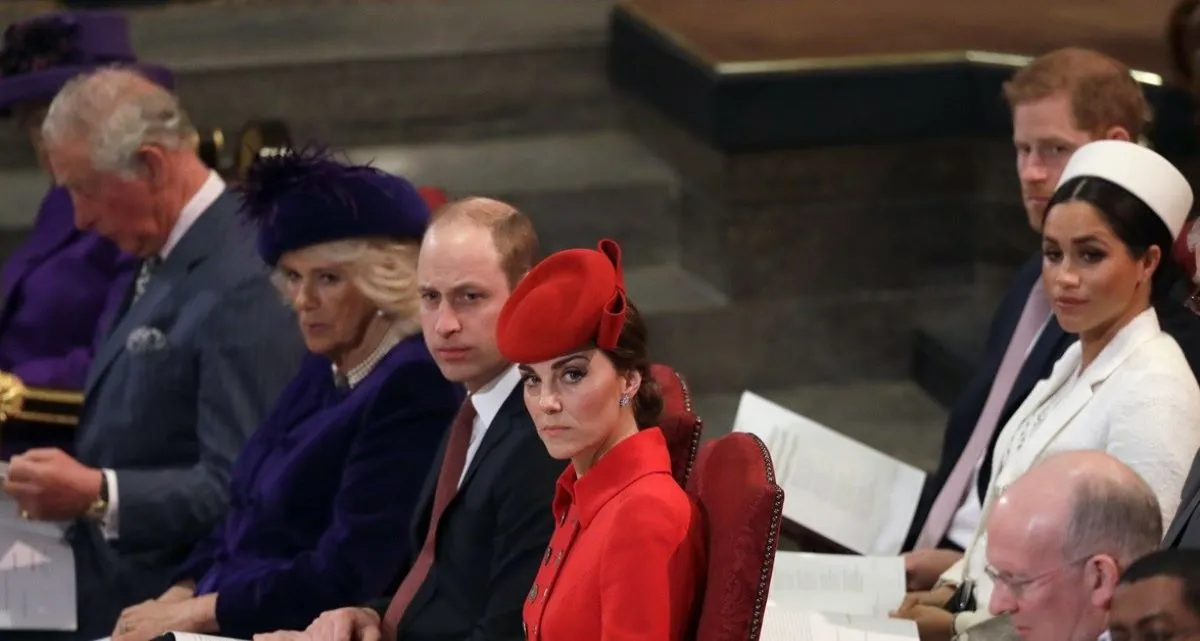 Kate Middleton, Prince William, now-King Charles III, Queen Camilla, Prince Harry, and Meghan Markle attend a Commonwealth Day Service at Westminster Abbey