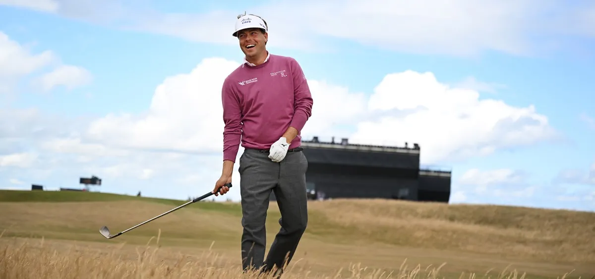 Keith Mitchell of the United States laughs during a practice round prior to The 150th Open at St Andrews Old Course on July 13, 2022 in St Andrews, Scotland