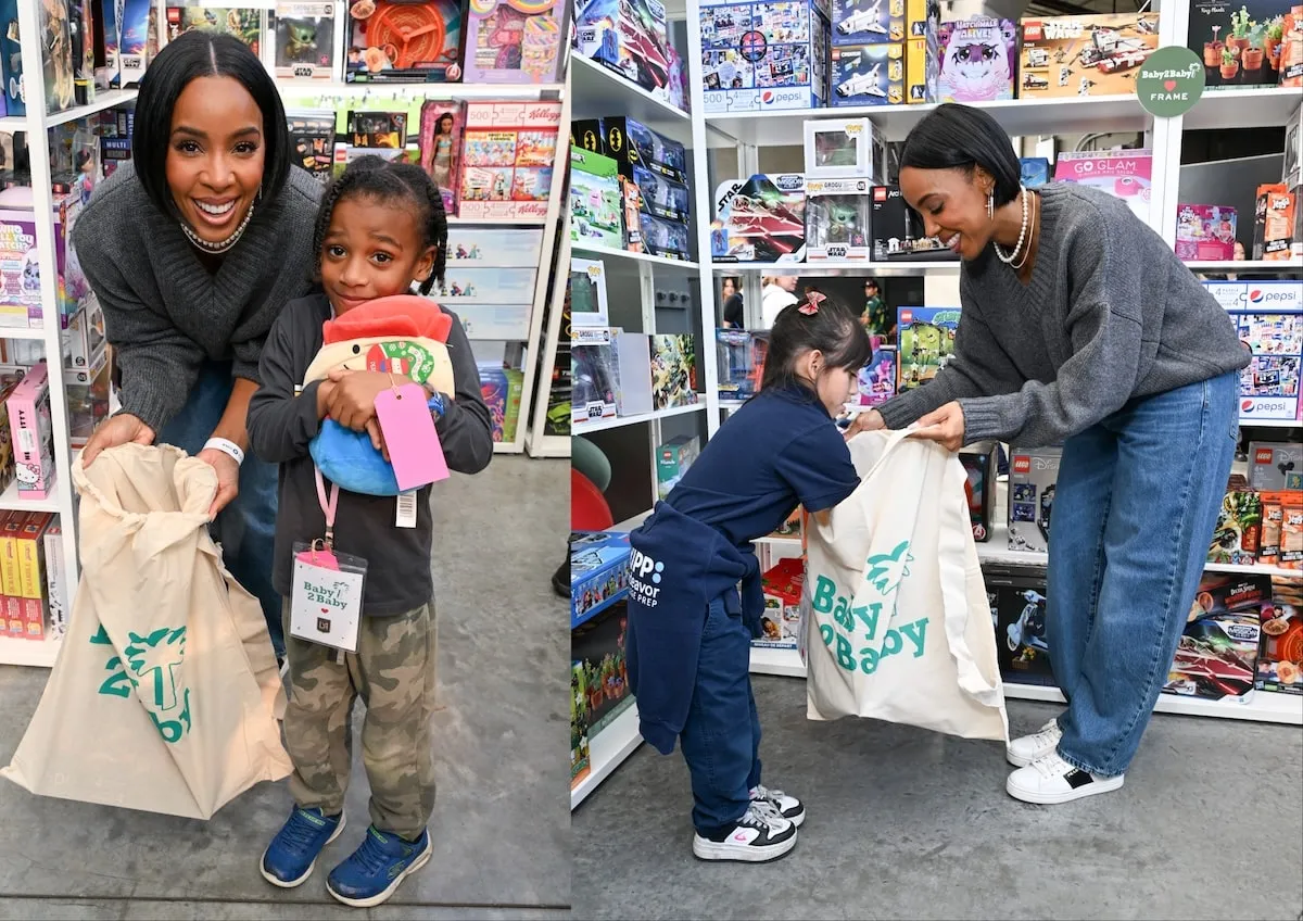 Wearing a gray sweater and baggy jeans, Kelly Rowland helps kids pick out Christmas gifts