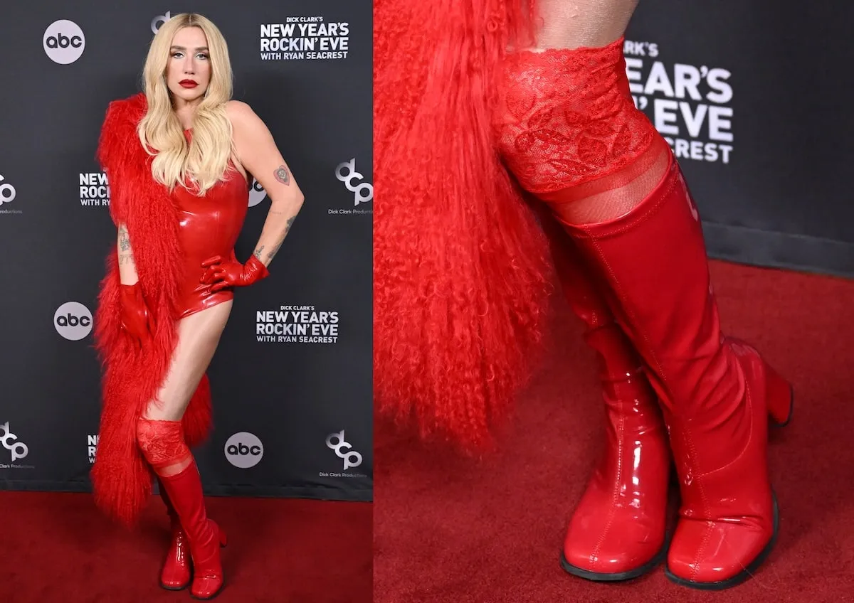 Wearing a red latex bodysuit and large red feather boa, Kesha stands on the red carpet and poses for photos before Dick Clark's New Year's Rockin' Eve with Ryan Seacrest on December 31, 2024