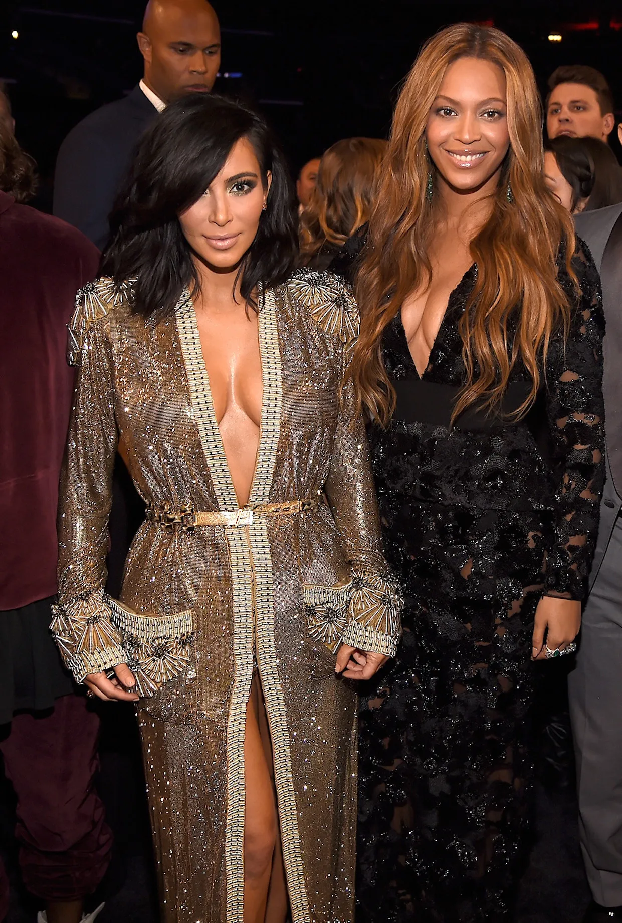 Kim Kardashian and Beyoncé standing next to each other at the 57th Grammy Awards