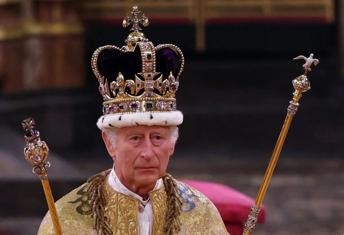 King Charles III wearing the St. Edward's Crown during his coronation ceremony