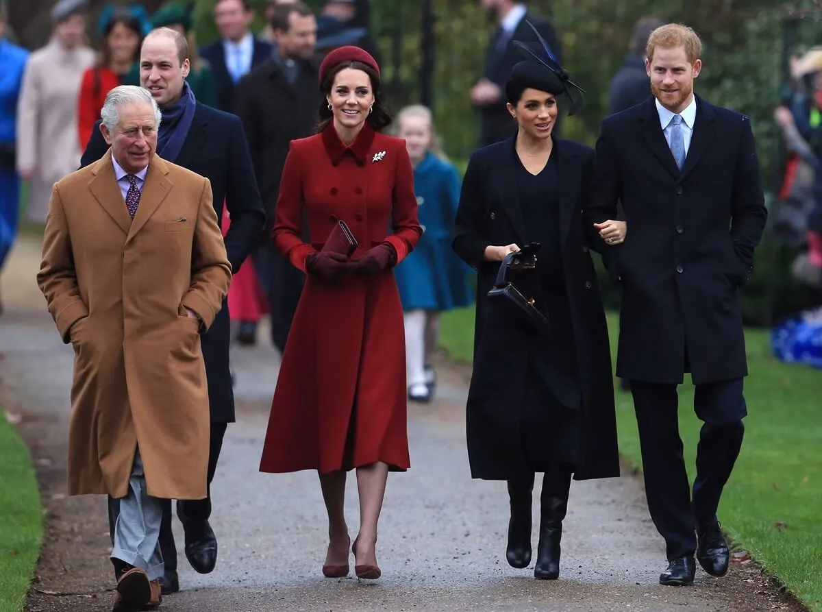 King Charles, Prince William, Kate Middleton, Meghan Markle, and Prince Harry arrive to attend Christmas Day church service at Sandringham