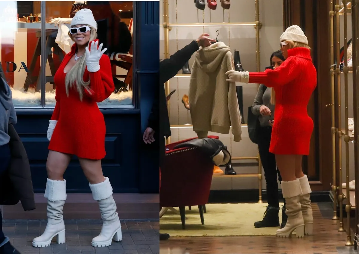 Wearing a red sweater dress, white boots, and a white hat, Mariah Carey shops in Aspen on December 21