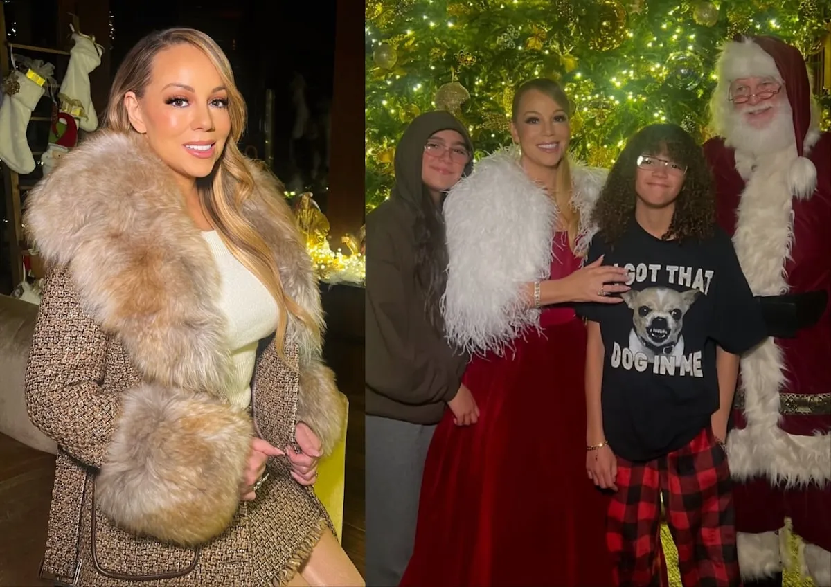 Side by side photos of Mariah Carey wearing a brown skirt outfit and red dress, posing with Santa and her kids