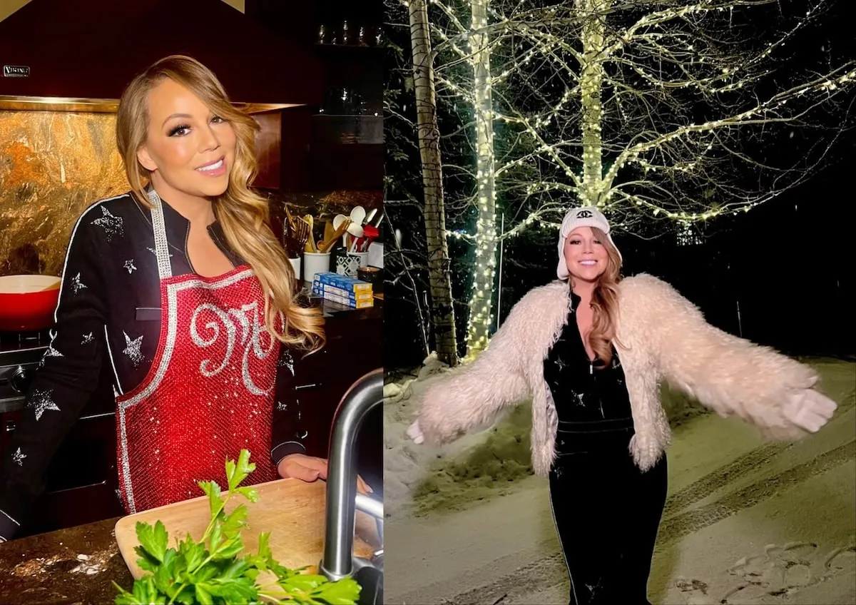 Wearing a red apron and white fluffy jacket respectively, Mariah Carey cooks and plays in the snow in Aspen, Colorado