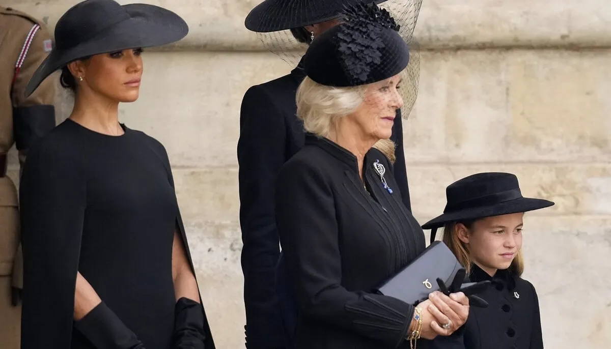 Meghan Markle, Queen Camilla, and Princess Charlotte at Queen Elizabeth II's funeral