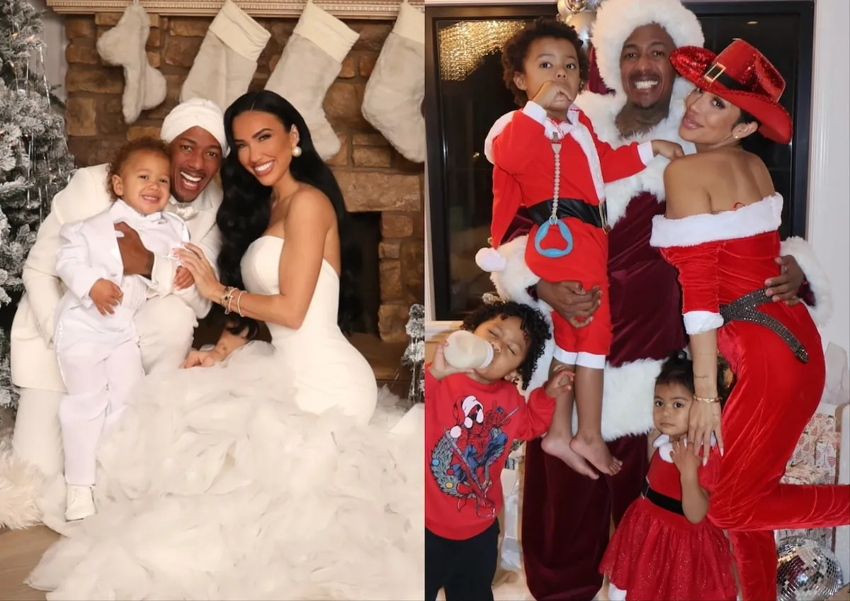 Side by side photos of Nick Cannon posing with Bre Tiesi and their son and Cannon posing with Abby De La Rosa and their three children, all dressed for Christmas 2024