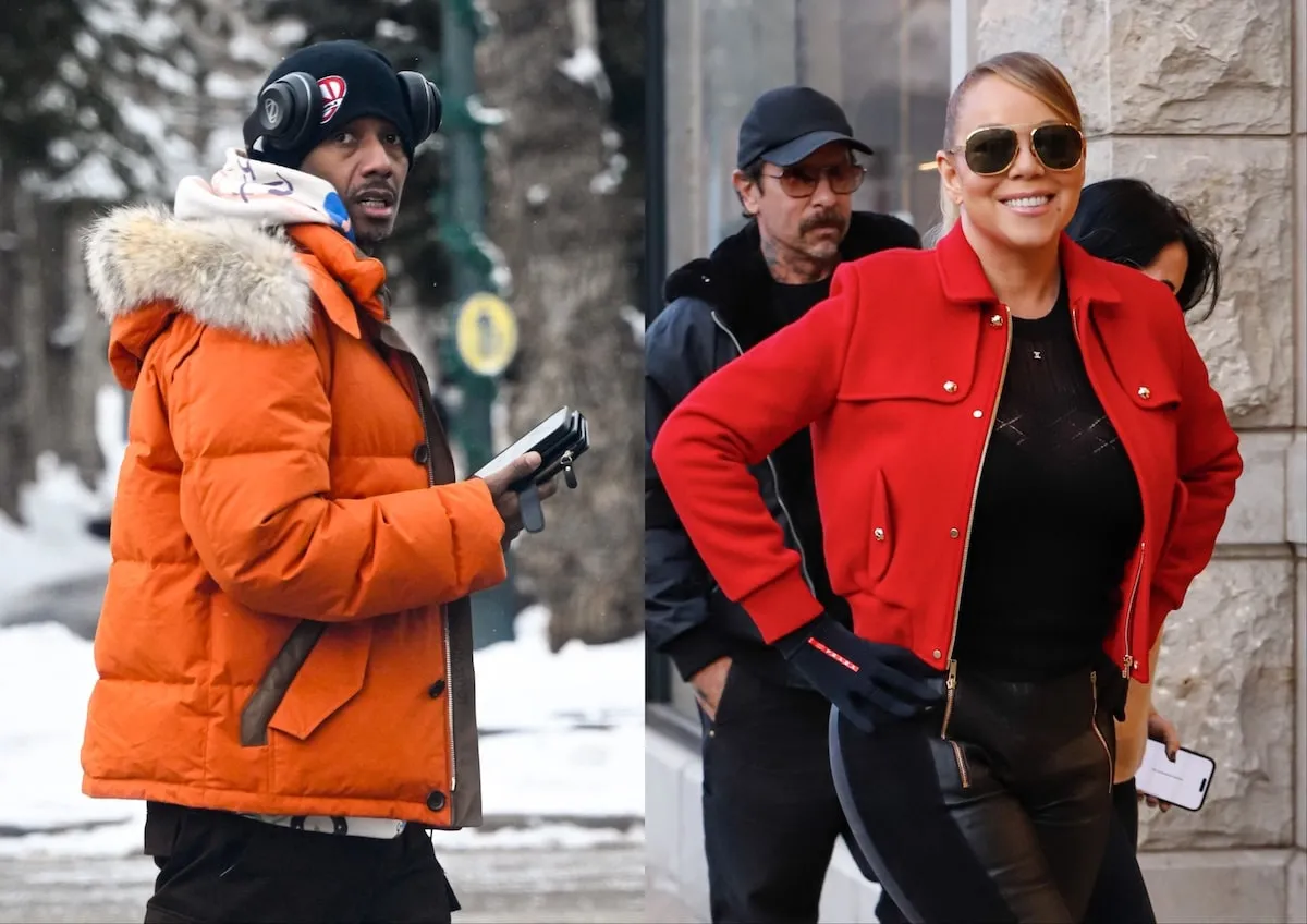 Wearing an orange jacket and black snow pants, Nick Cannon walks on an icy sidewalk in Aspen on December 26, 2024, alongside a photo of Mariah Carey shopping in Aspen while wearing a red jacket and black pants