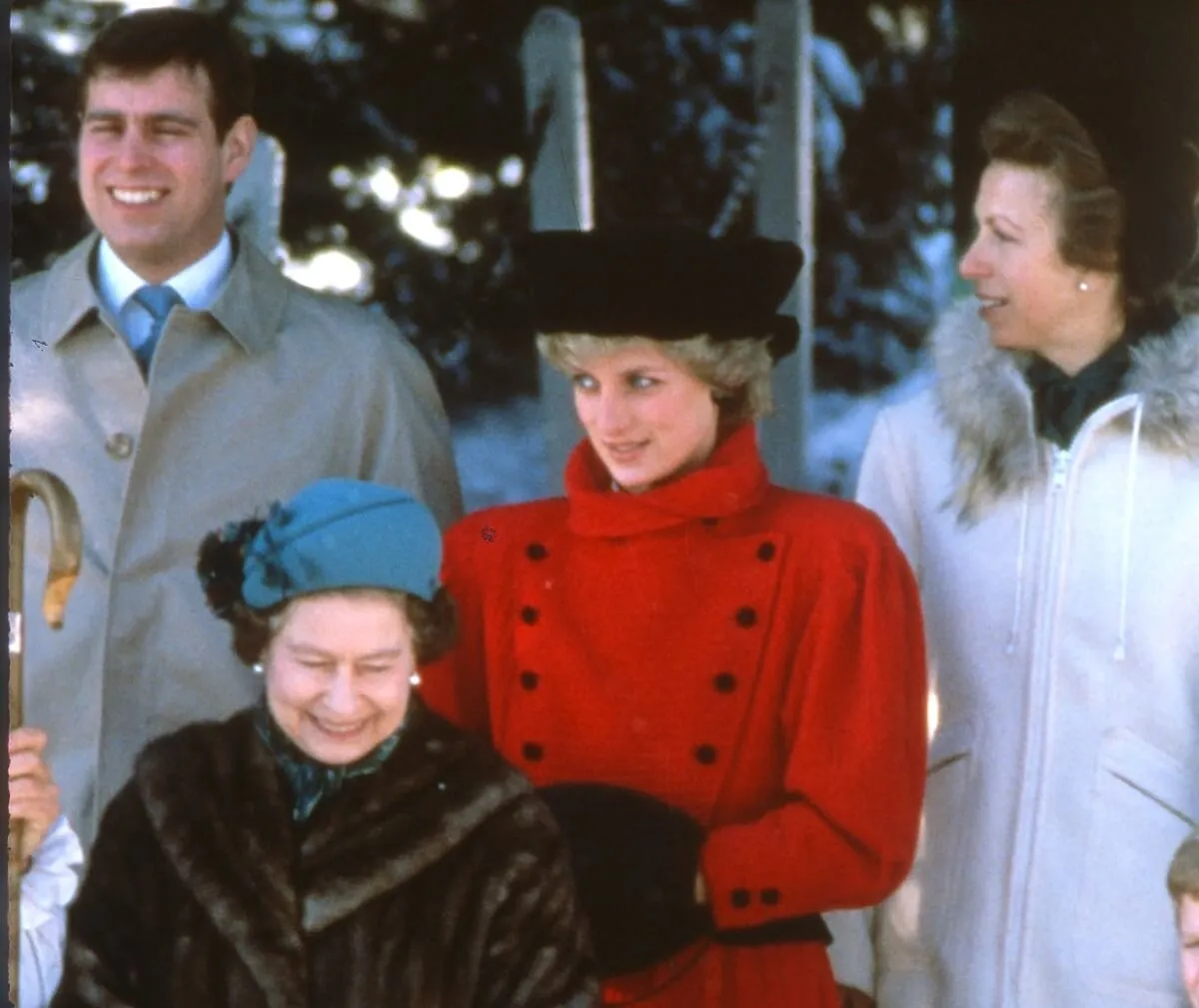 Prince Andrew, Queen Elizabeth II, Princess Diana, and Princess Anne circa 1985