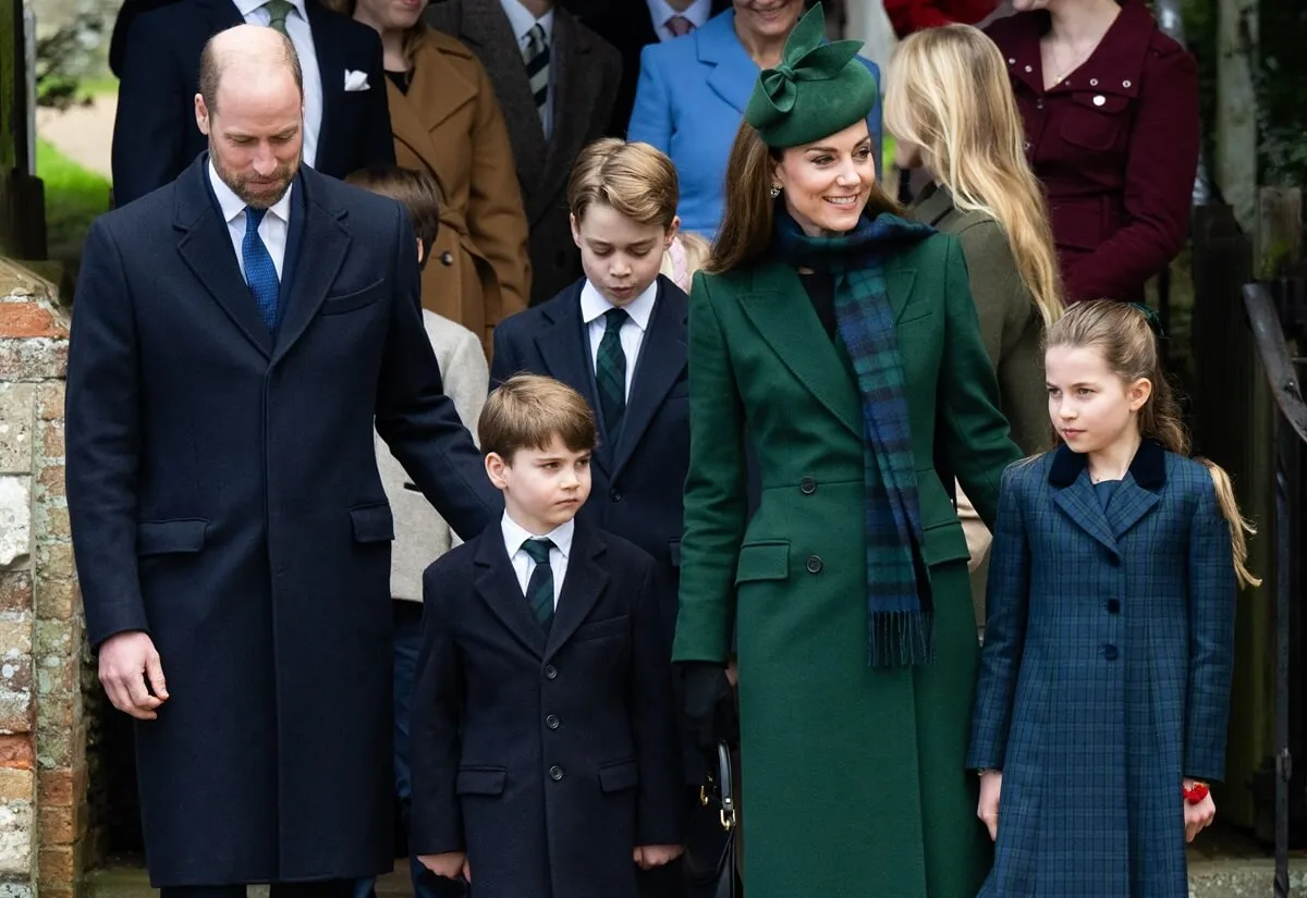 Prince William, Prince Louis, Prince George, Kate Middleton, and Princess Charlotte attend the Christmas Morning service at Sandringham