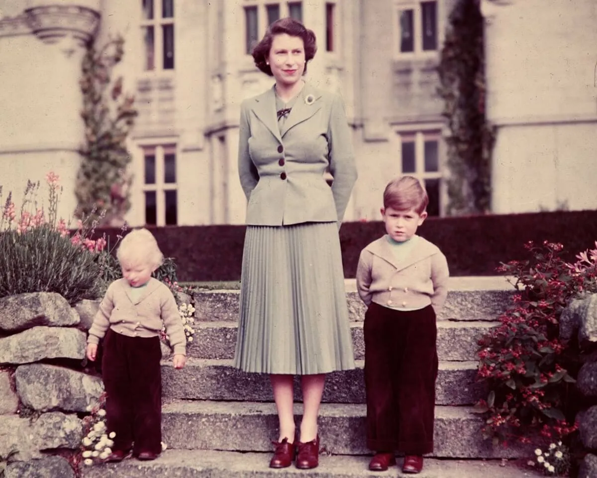 Queen Elizabeth with her children, then-Prince Charles and Princess Anne, at Balmoral in Scotland