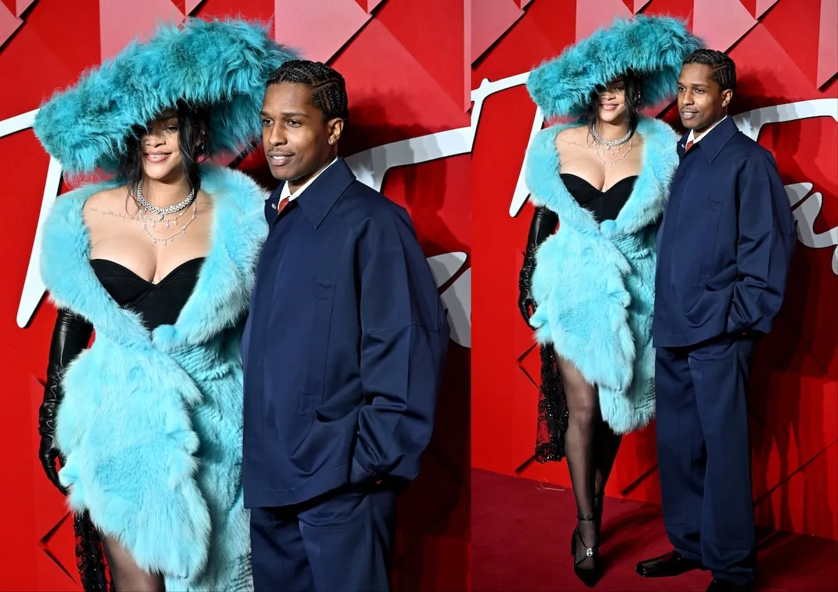 Wearing a fluffy blue dress, Rihanna poses with A$AP Rocky on the red carpet before The Fashion Awards 2024