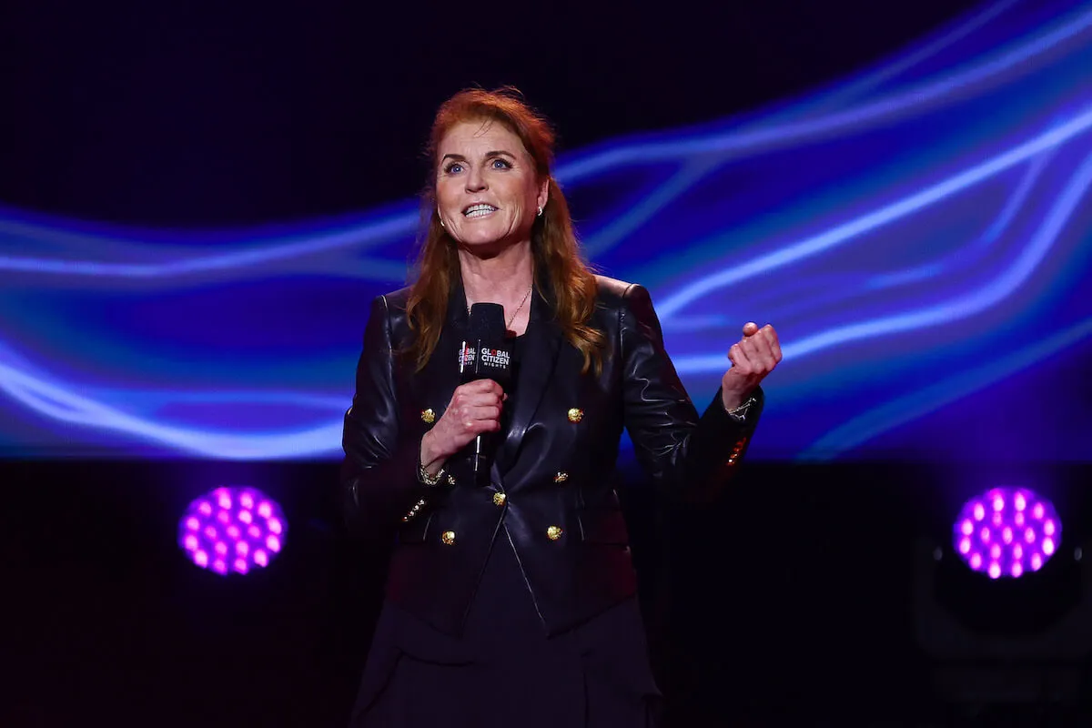 Sarah Ferguson, who revealed Queen Elizabeth II's final words to her, speaks into a microphone