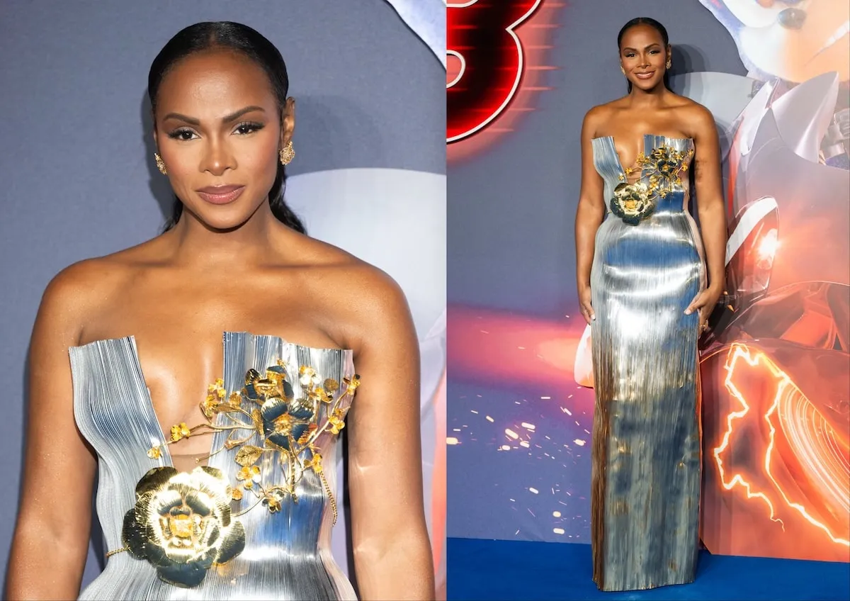 Wearing a silver gown, Tika Sumpter smiles on the red carpet at the London premiere of Sonic the Hedgehog 3