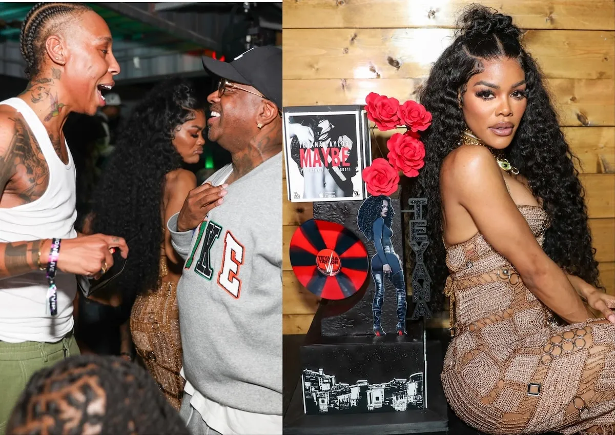 A photo of Lena Waithe and Jermaine Dupri laughing together alongside a photo of Teyana Taylor next to a black birthday cake