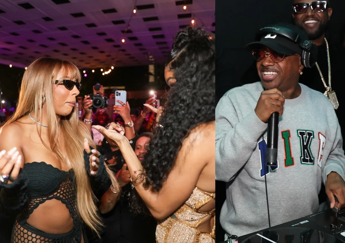 A photo of Victoria Monét and Teyana Taylor dancing alongside a photo of Jermaine Dupri DJing