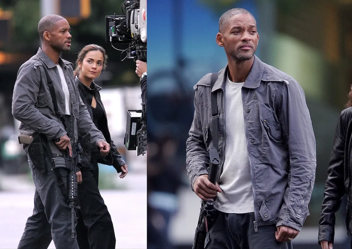 Wearing a gray jacket and pants, Will Smith films 'I Am Legend' with Alice Braga at Columbus Circle in New York City on October 15, 2006