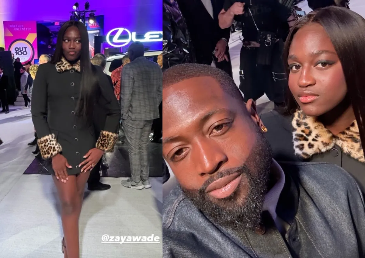 Wearing a black dress with leopard print cuffs, Zaya Wade smiles with her dad at the Out100 Gala