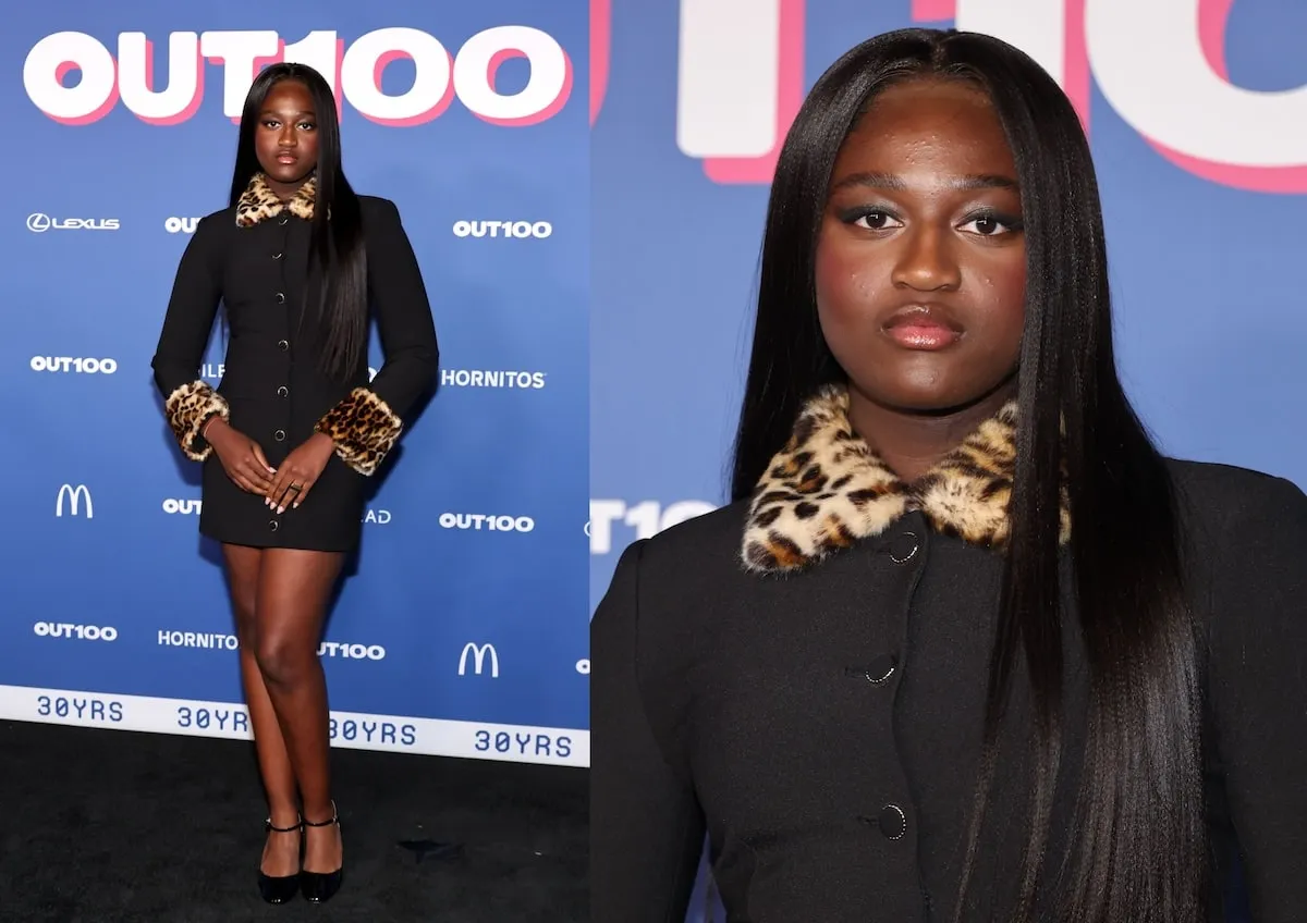 Wearing a black dress with leopard print cuffs, Zaya Wade smiles at the Out100 Gala