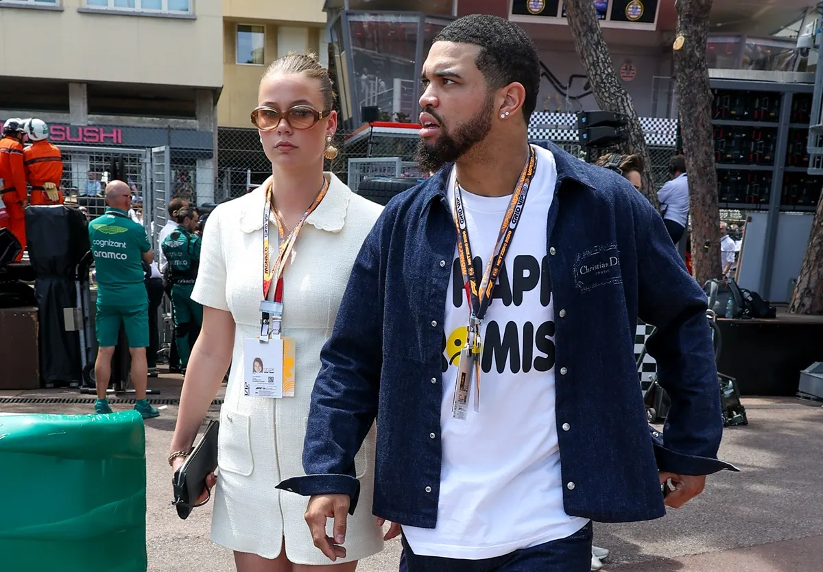 Caleb Williams (R) and girlfriend attend the F1 Grand Prix of Monaco at Circuit de Monaco on May 28, 2023 in Monte-Carlo, Monaco. 