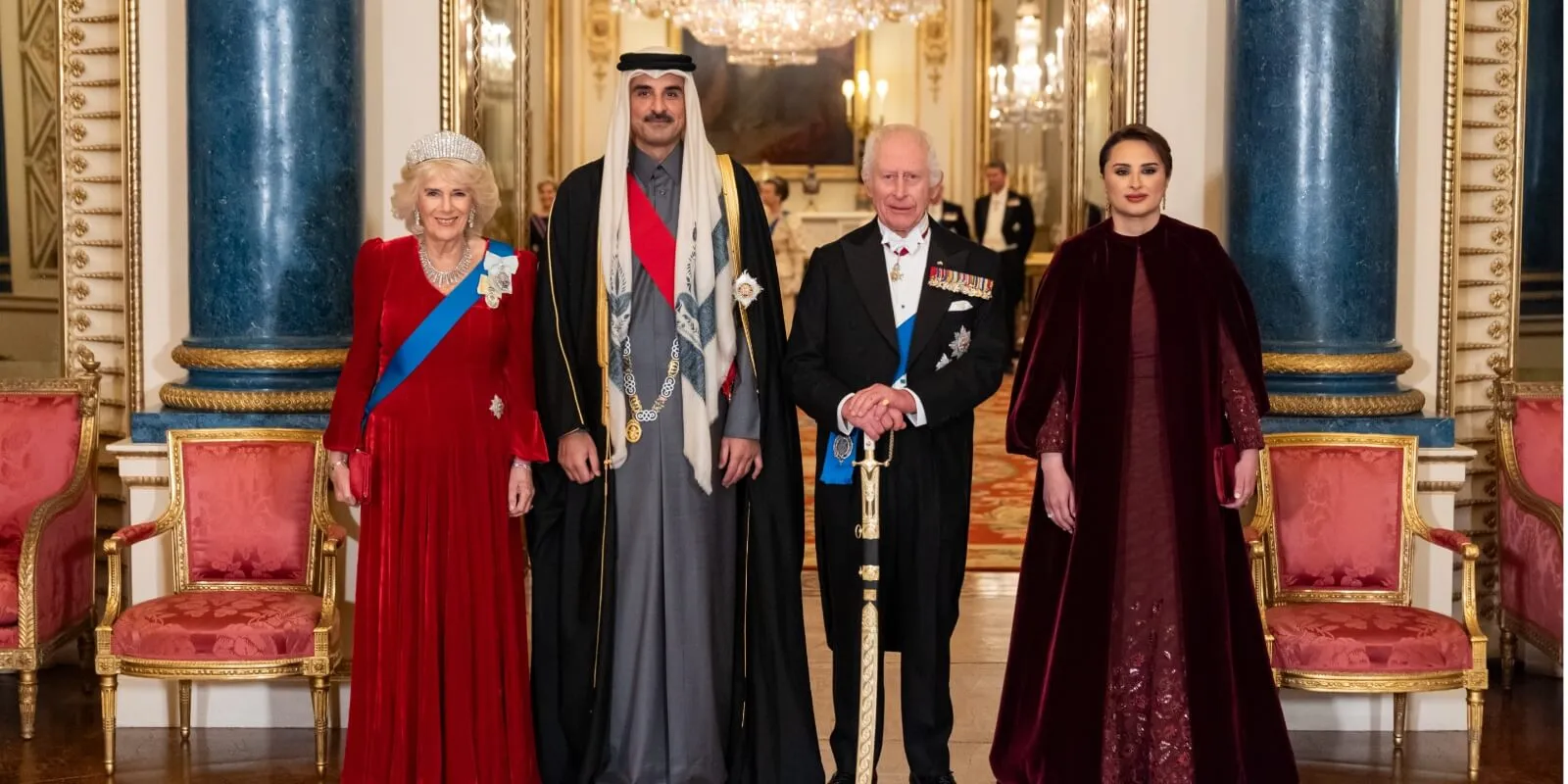 Camilla Parker Bowles and King Charles pose with Qatar's Emir and his wife.