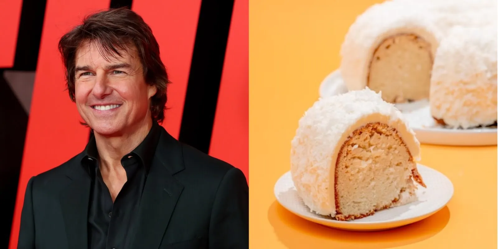 Tom Cruise in a side-by-side photo alongside Doan's White Chocolate Coconut Cake