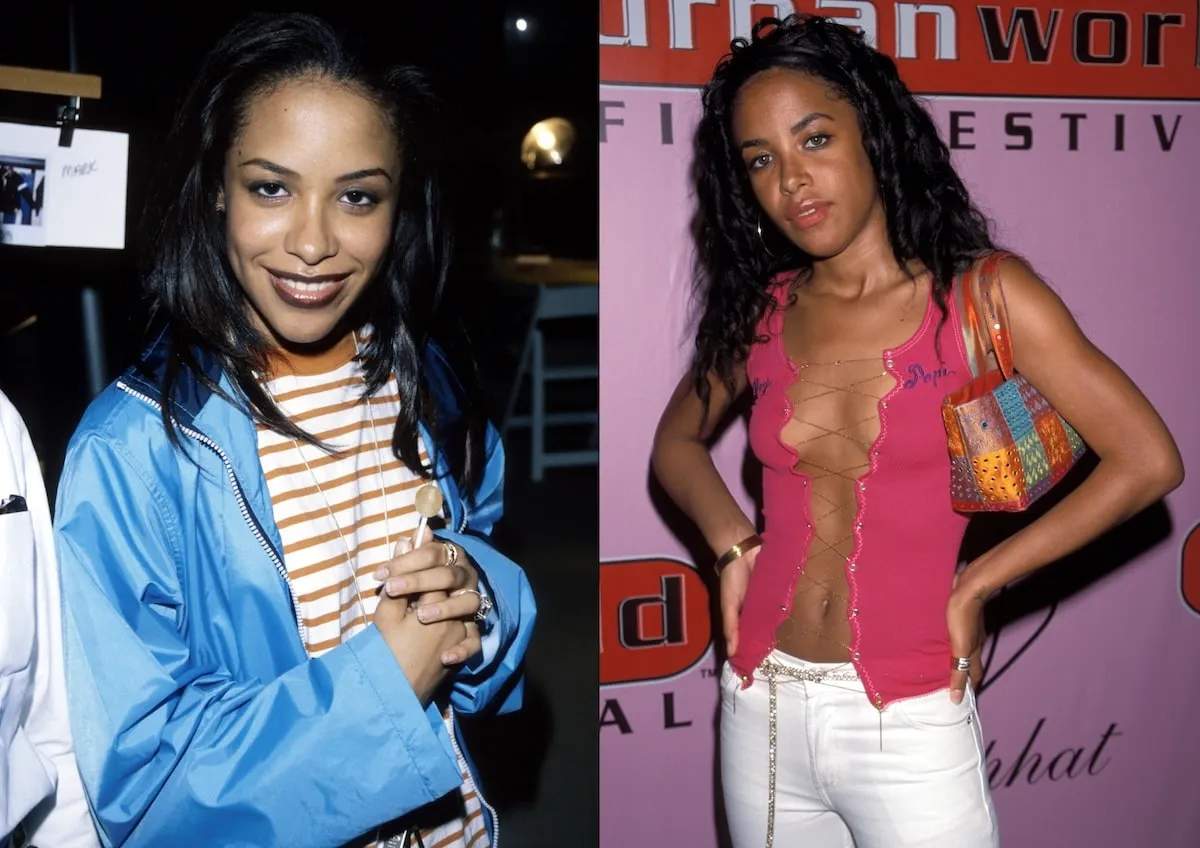 Side by side photos of Aaliyah at two different media events in 2000