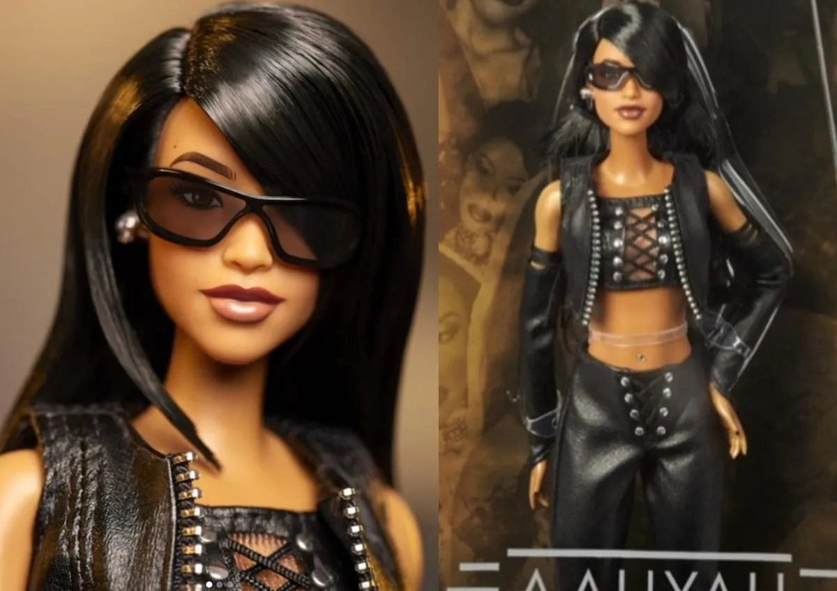 Two side by side photos of the Aaliyah Barbie doll released to the public on January 16, 2025