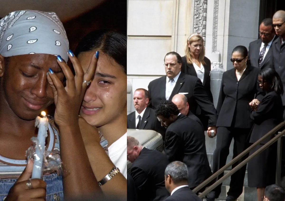 Fans cry as Aaliyah's father Michael Haughton, mother Diane Haughton, and brother Rashad Haughton walk behind Aaliyah's casket at the funeral