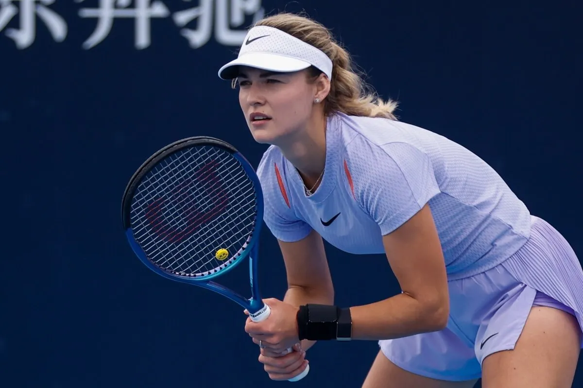 Anna Kalinskaya of Russia reacts in the Women's Singles Round of 64 match against Hailey Baptiste of United States