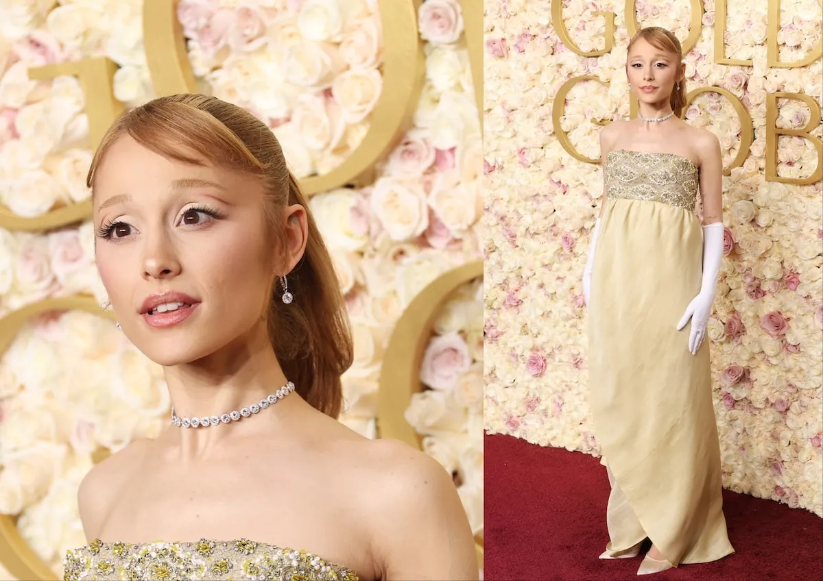 Wearing a yellow dress, Ariana Grande poses on the red carpet at the 82nd Annual Golden Globes