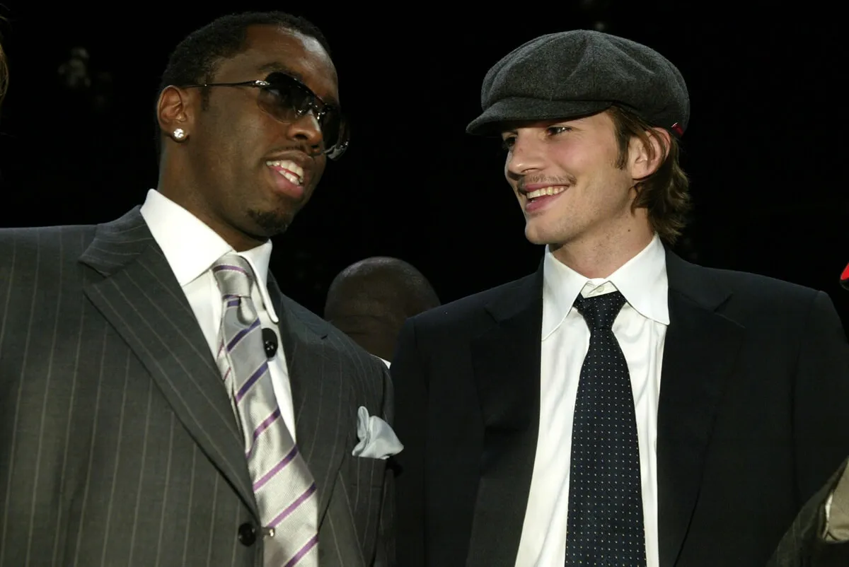 Sean Diddy Combs and Ashton Kutcher at the NBA All-Star Celebrity Game at Los Angeles Convention Center.