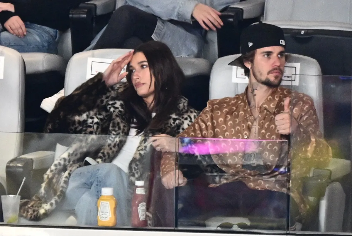 Justin Bieber and Hailey Bieber watch Super Bowl LVIII between the Kansas City Chiefs and the San Francisco 49ers at Allegiant Stadium in Las Vegas, Nevada,