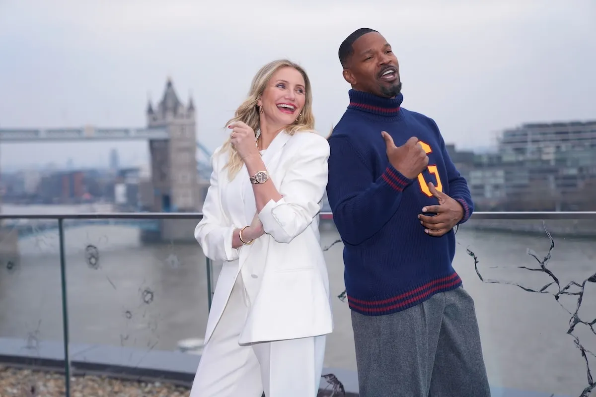 Actors Cameron Diaz and Jamie Foxx laugh together as they take pictures along the London skyline