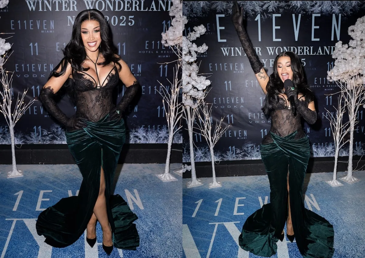 Wearing a black and green lace corset dress, Cardi B poses in front of E11EVEN nightclub before her New Year's Eve performance