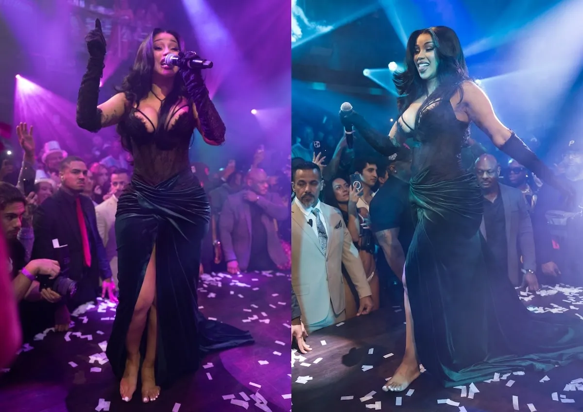 Wearing a black and green lace corset dress, Cardi B performs at E11EVEN nightclub in Miami for New Year's Eve