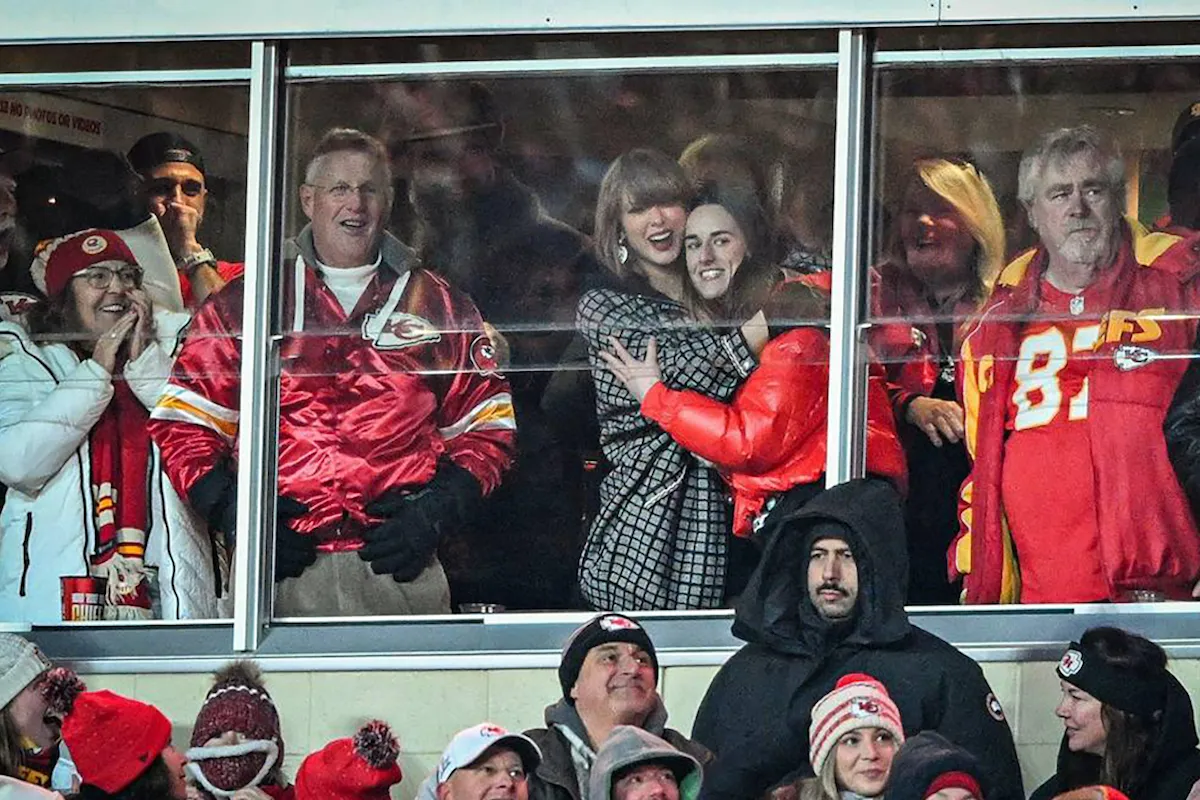 Donna Kelce, Scott Swift, Taylor Swift, Caitlin Clark, Andrea Swift, and Ed Kelce attend a Kansas City Chiefs game