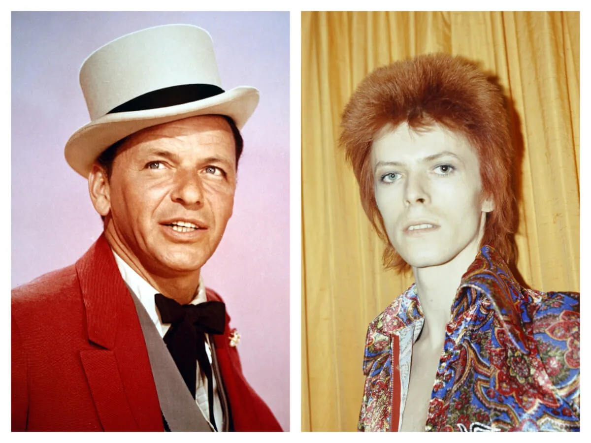 Frank Sinatra wears a red suit and a top hat. David Bowie wears a multicolored shirt and stands in front of a yellow curtain.