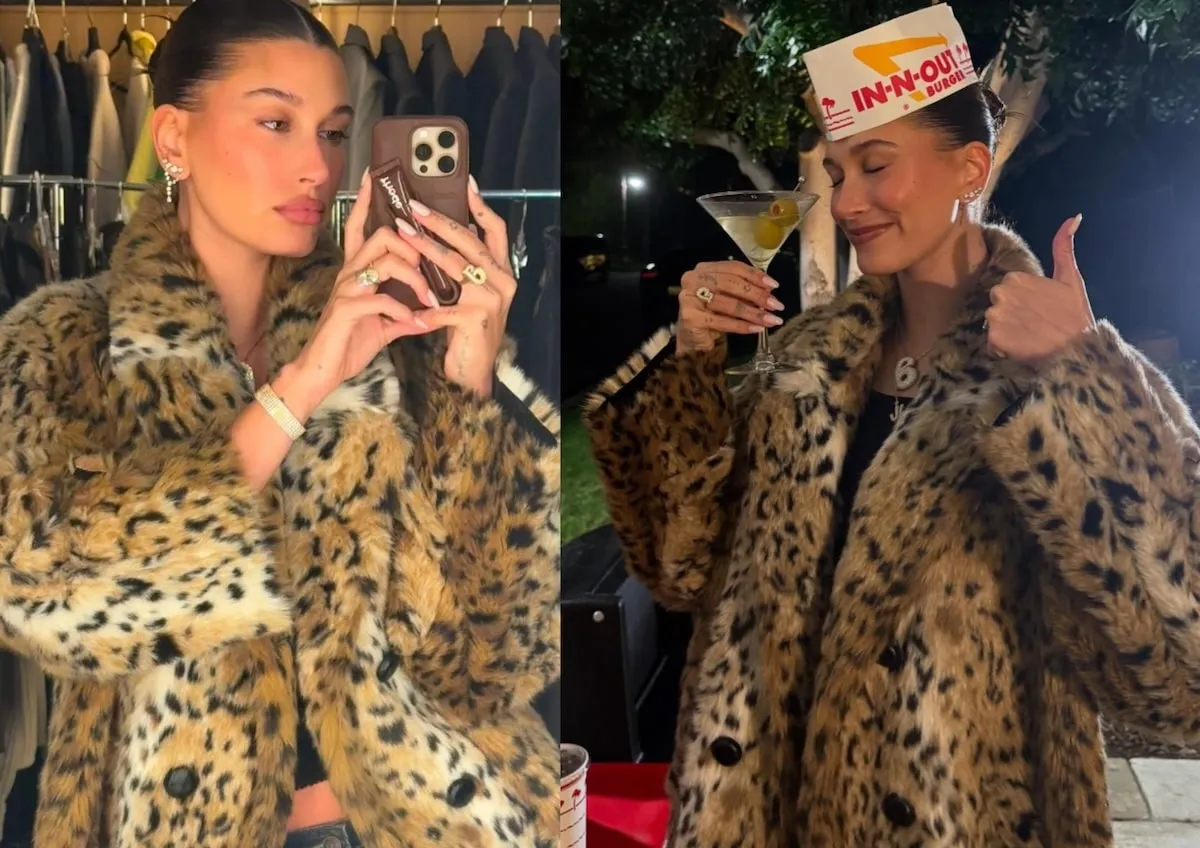 Wearing a leopard print coat, Hailey Bieber celebrates New Year's Eve 2024 with a martini and In-N-Out