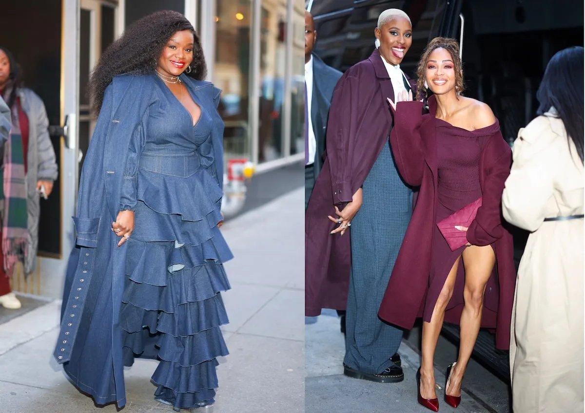 Harlem stars Shoniqua Shandai, Jerrie Johnson, and Meagan Good wave at paparazzi as they exit the Empire State Building