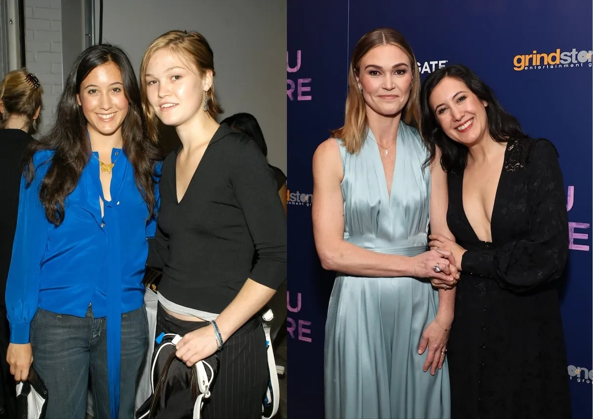 2000s stars Julia Stiles and Vanessa Carlton hold each other and smiles at a screening of their movie, Wish You Were Here, in 2025