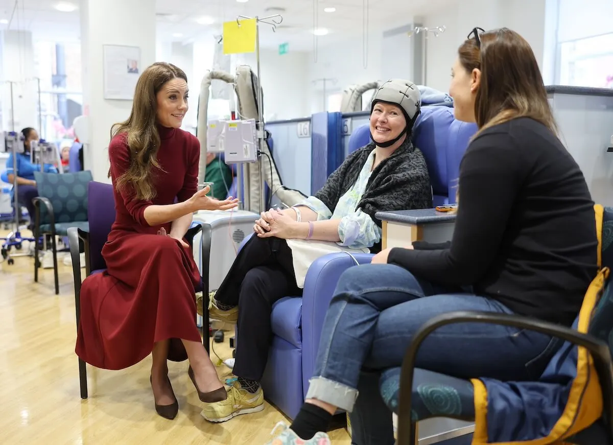 Kate Middleton speaks with patients undergoing cancer treatment at The Royal Marsden Hospital