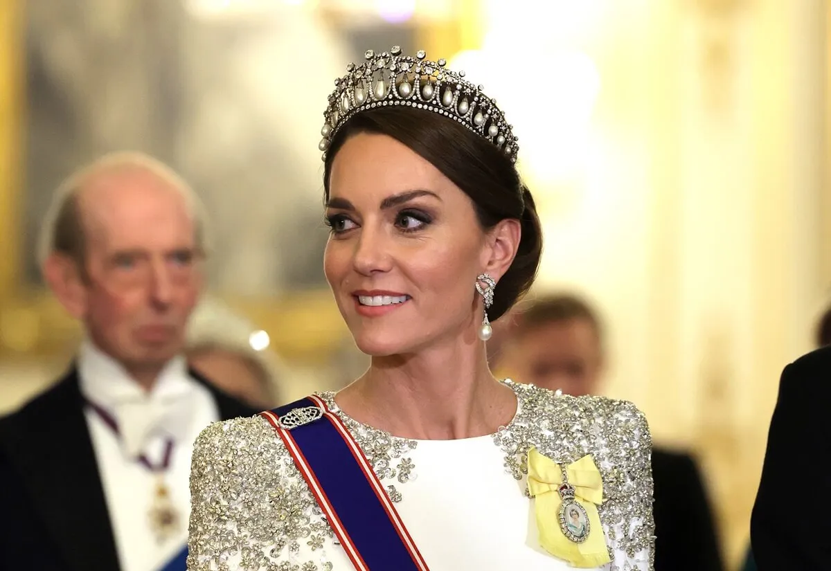 Kate Middleton wearing Queen Mary's Lover's Knot tiara during a banquet at Buckingham Palace