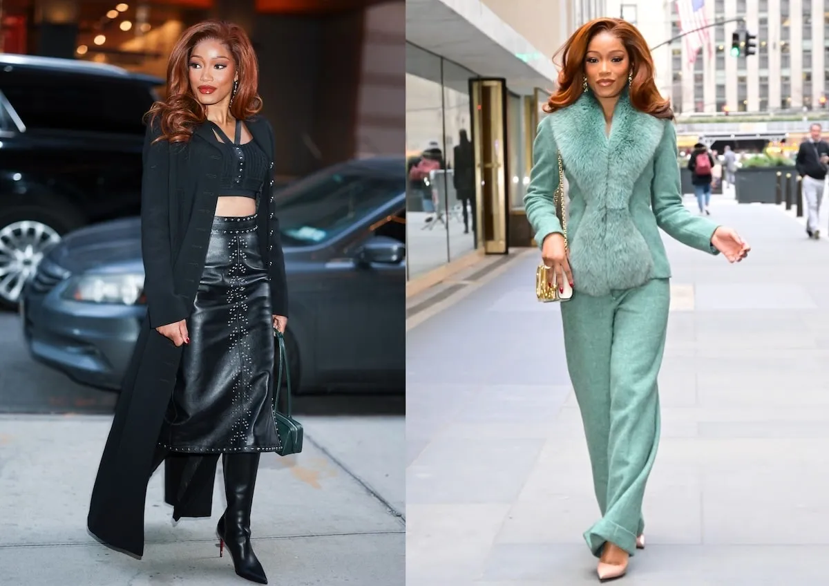 Side by side photos of Keke Palmer wearing a black leather outfit and mint green fur outfit on the streets on NYC