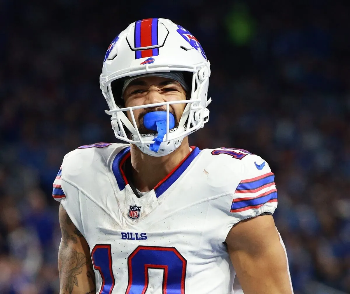 Khalil Shakir scores a touchdown during a game between the Buffalo Bills and the Detroit Lions